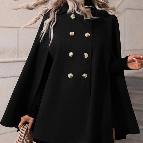 Black Casual Womens Double Breasted Cloak Sleeve Cape Overcoat - Picture 4 of 5